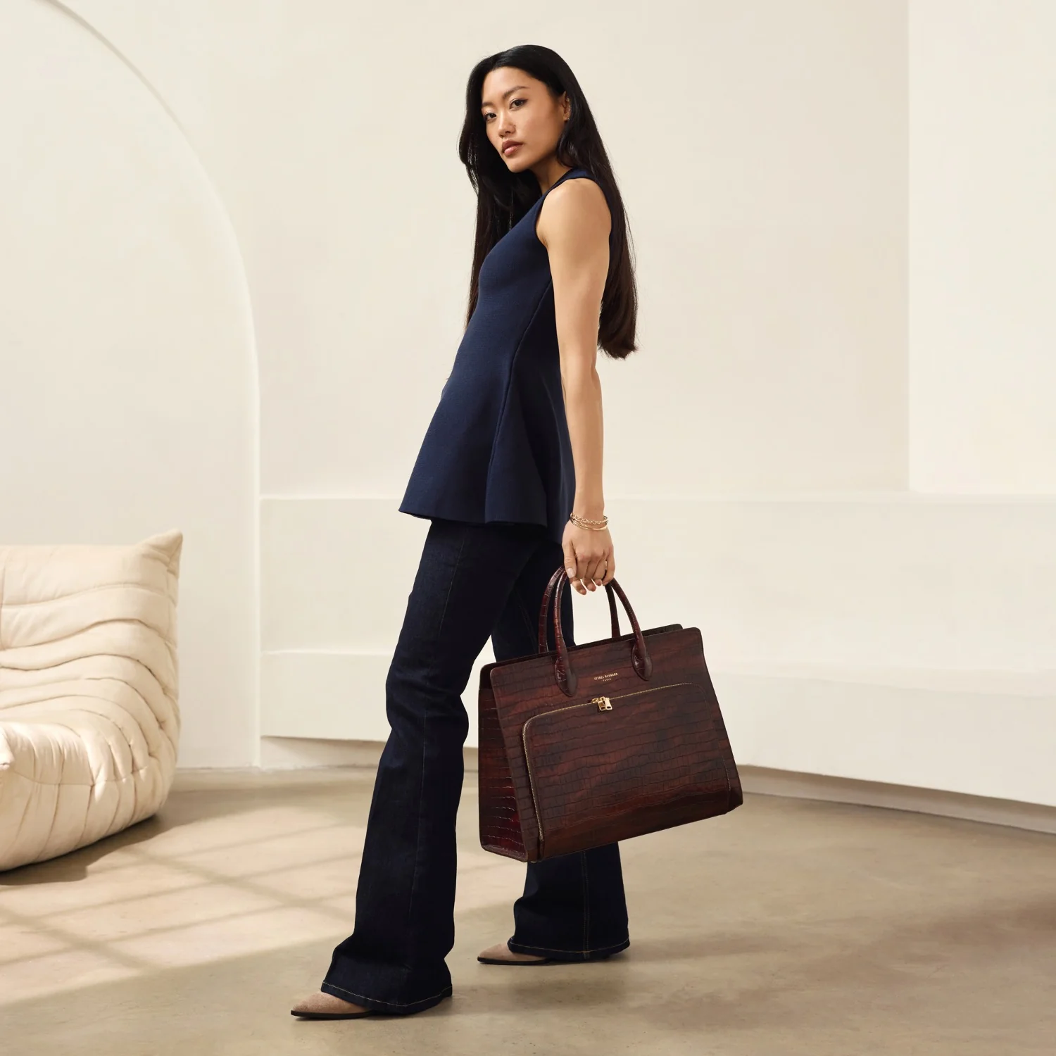 Isabel Bernard Honoré Nadine Croco Brown Leather Handbag made of Calfskin IB25034 - Image 3