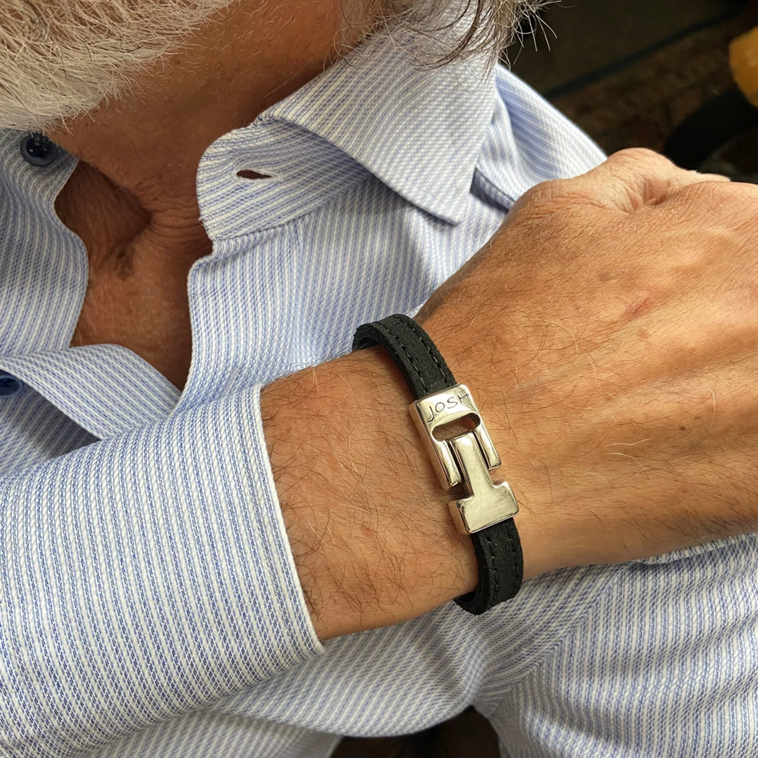 Josh Black Leather Bracelet 25036SL/BLCK/LME - Image 2