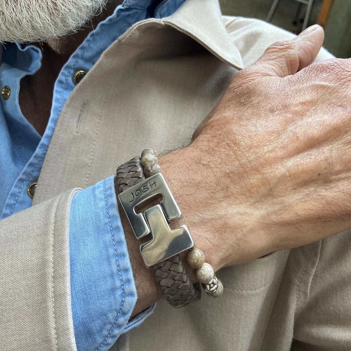Josh Taupe Natural Stone Bracelet 25035SL/CUST/MED - Image 2