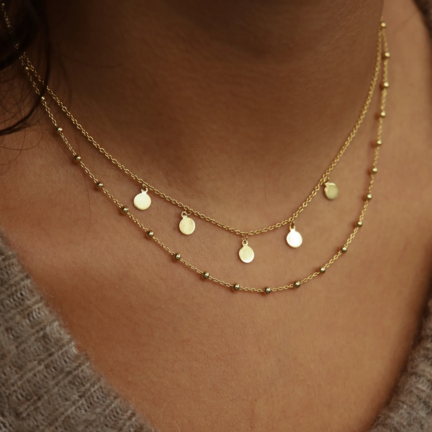 Karma 925 Sterling Silver Discus Dots Double Necklace T88 - Image 2