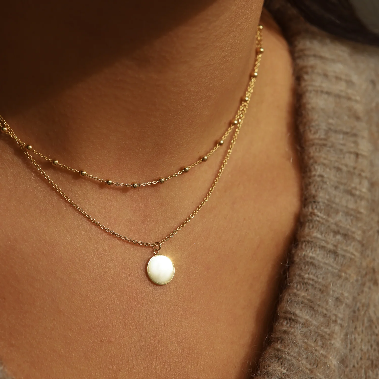 Karma 925 Sterling Silver Dots Disc Double Necklace T82 - Image 2