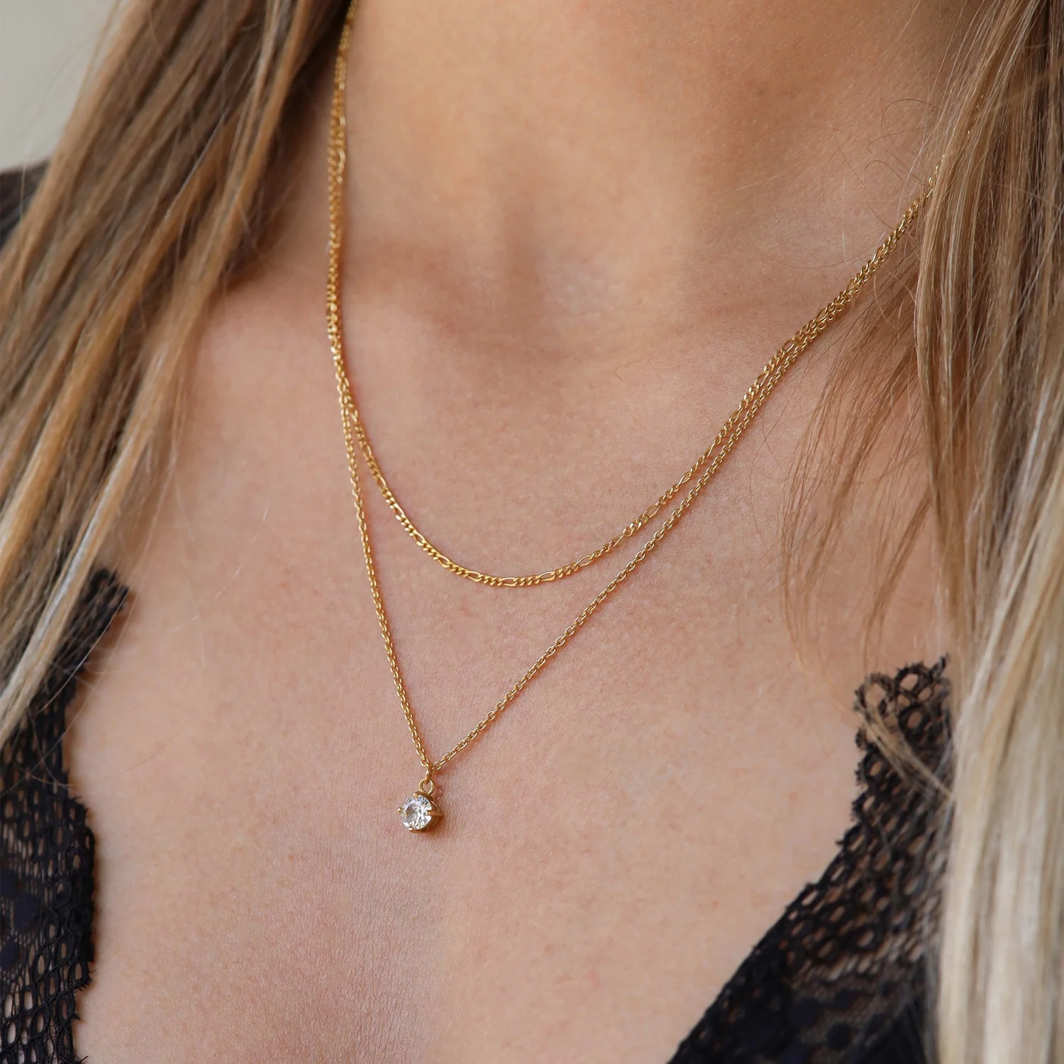 Karma 925 Sterling Silver Figaro Single Zirconia Double Necklace T279GP - Image 2