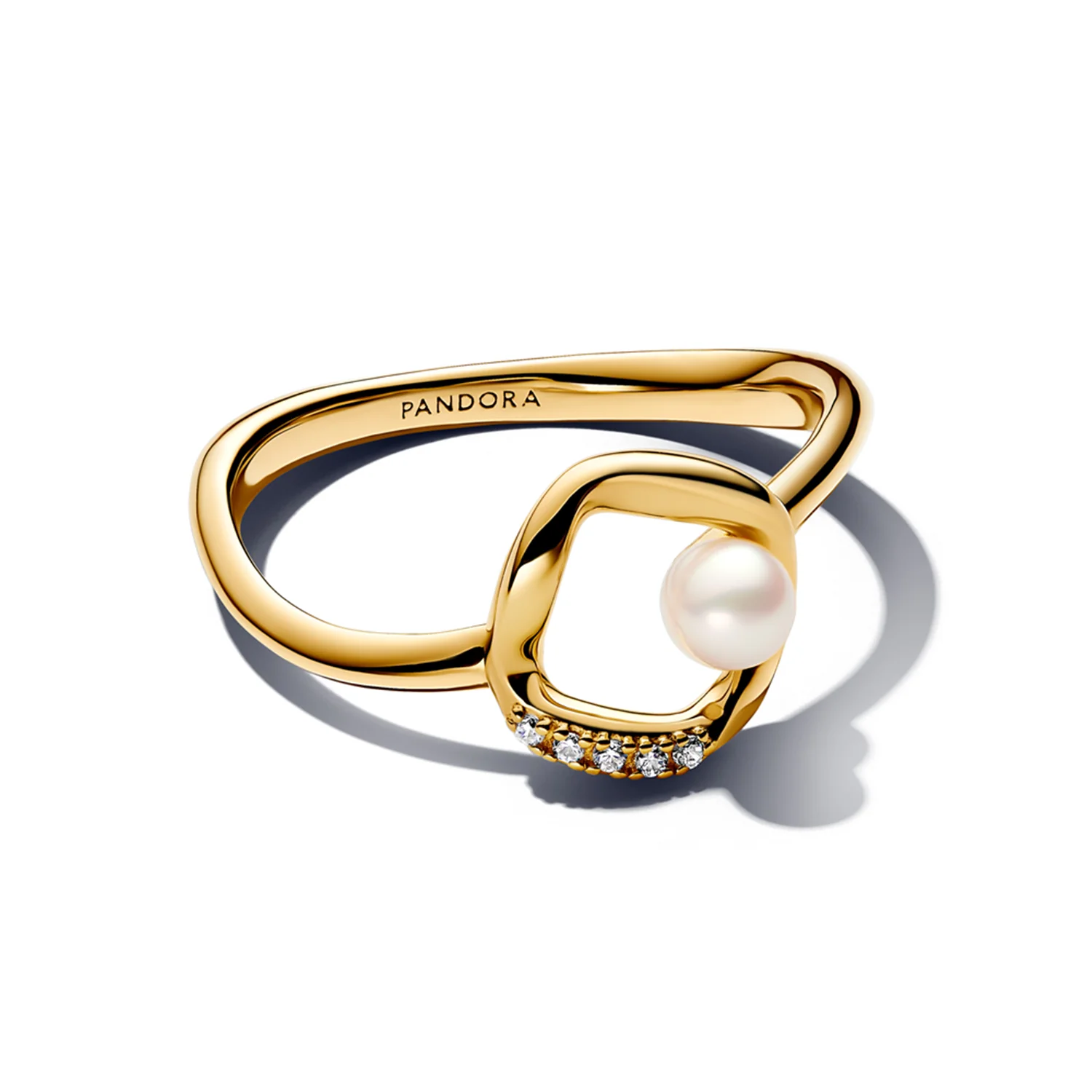 Pandora Essence Gold Plated Organically Shaped Pavé Circle & Treated Freshwater Cultured Pearl Ring 163831C01-52 - Image 3