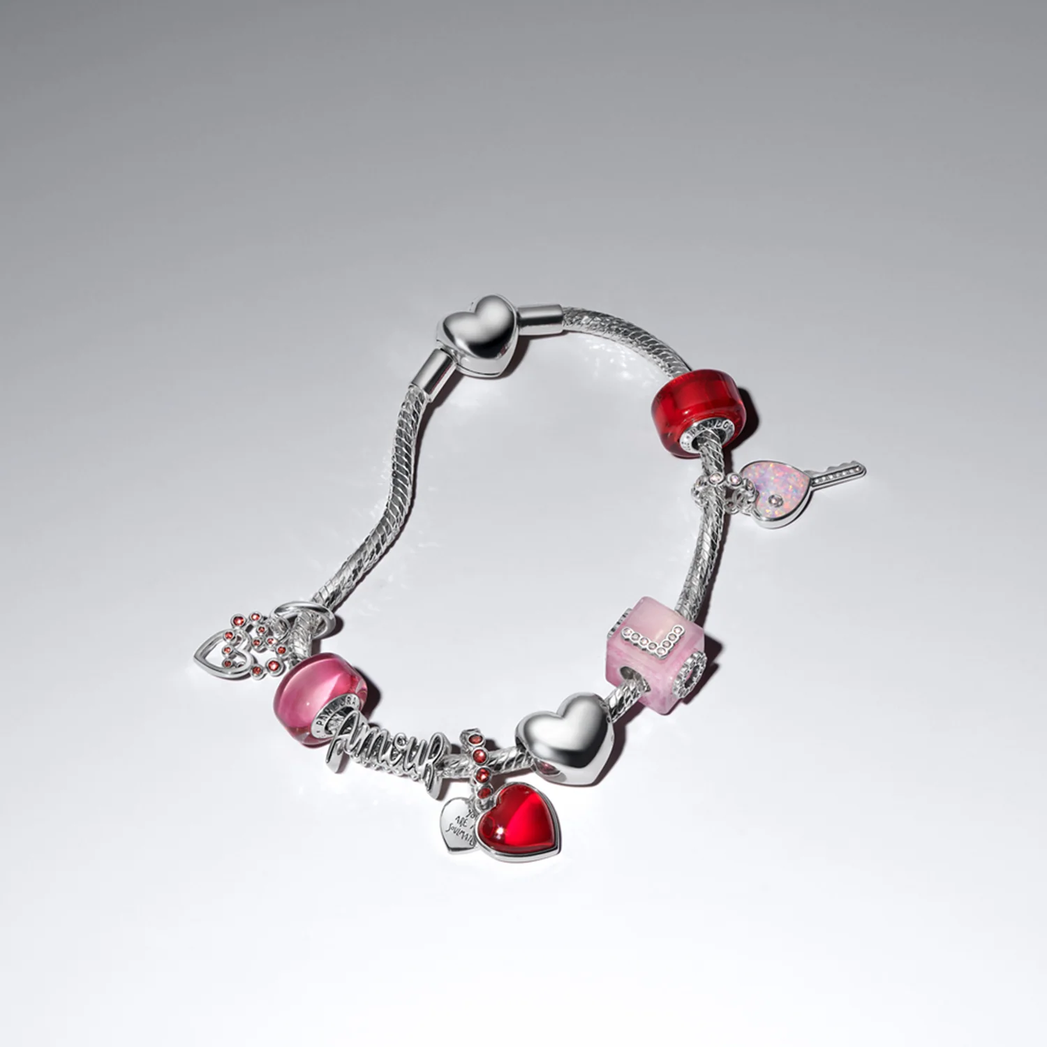 Pandora Moments 925 Sterling Silver Connected Hearts & Red Stones Pendant 794435C01 - Image 3
