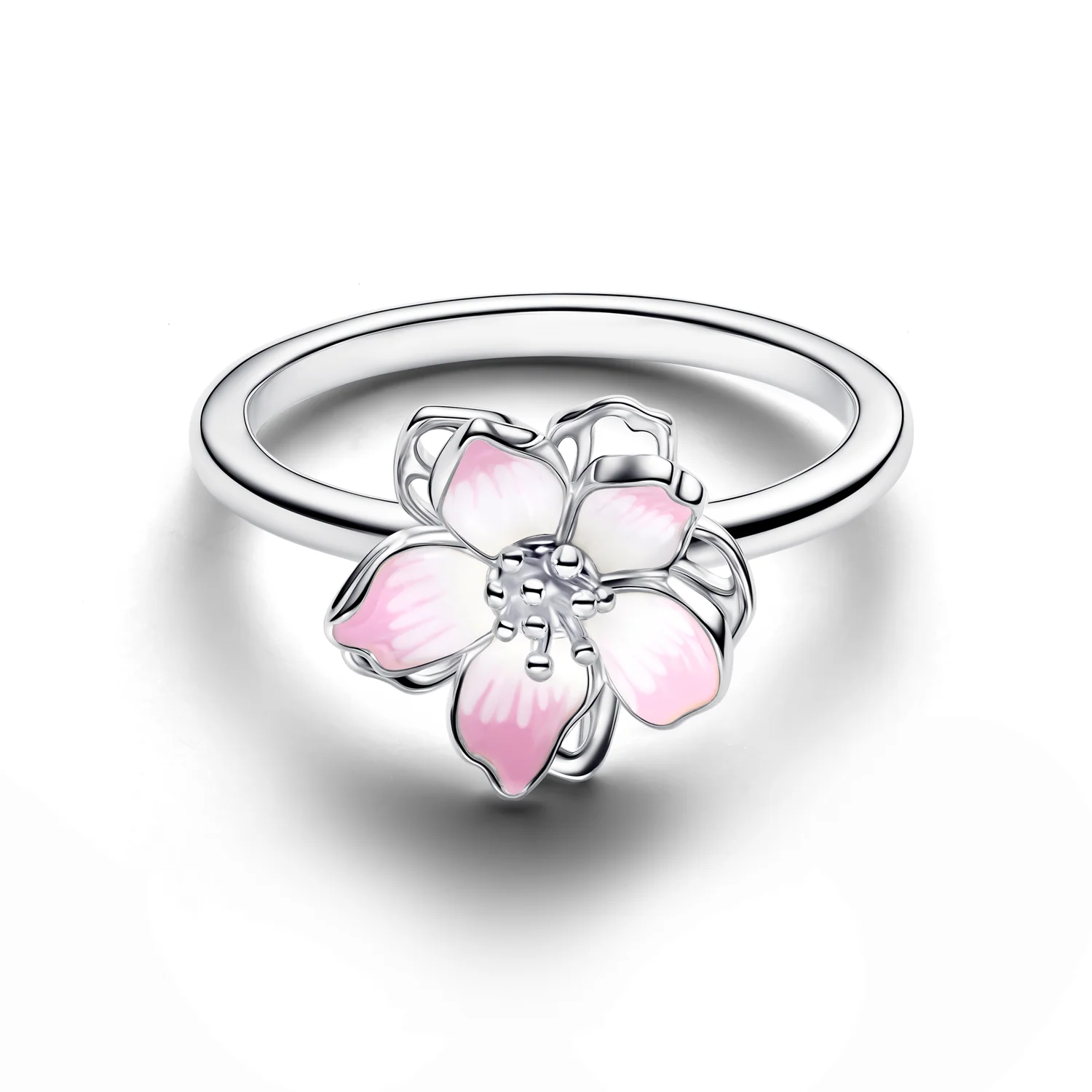 Pandora Moments 925 Sterling Silver Enamel Pink Cherry Blossom Ring 194371C01-58 - Image 3