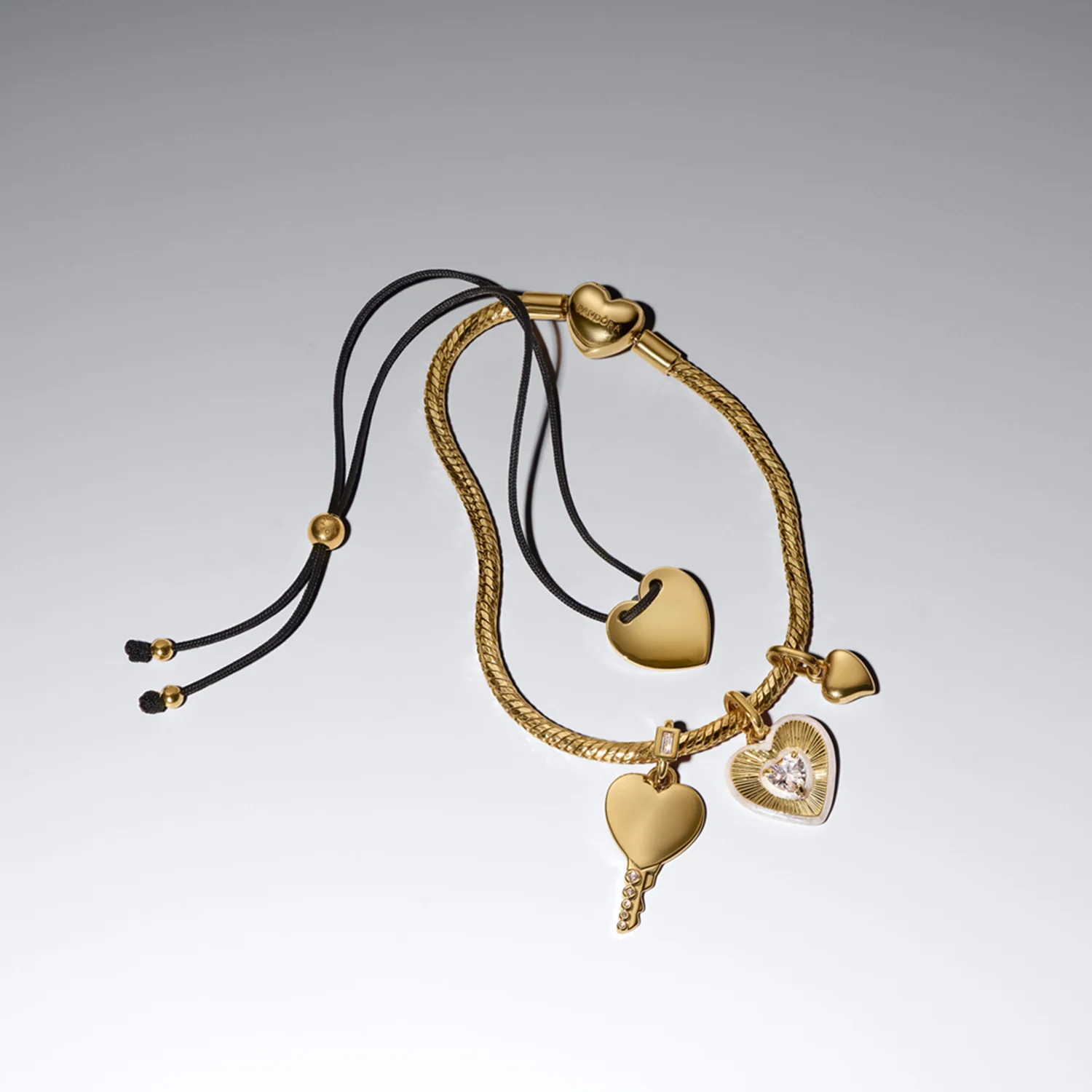 Pandora Moments Gold Plated Engravable Heart Black Cord Slider Bracelet 564420C01-2 - Image 3
