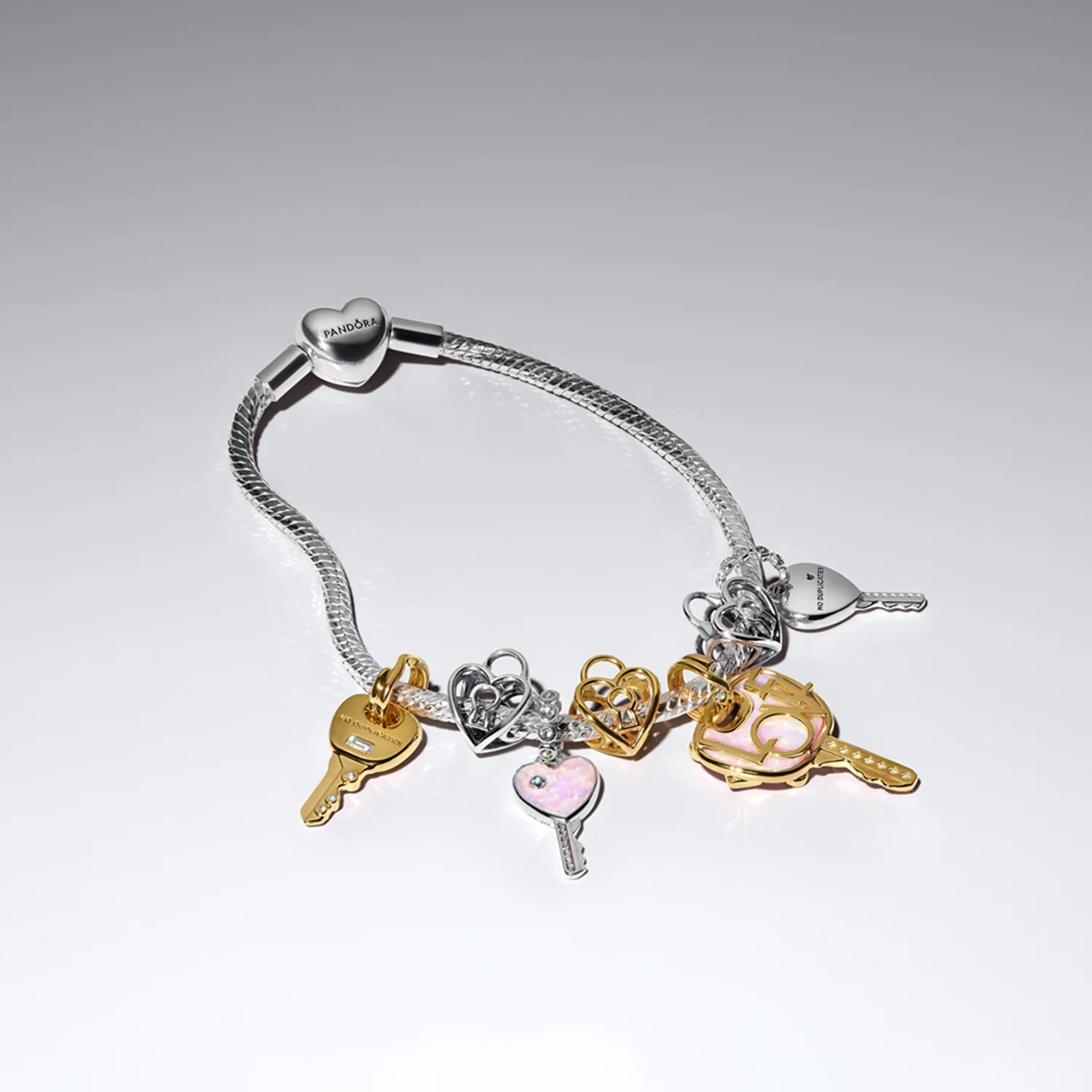 Pandora Moments Gold Plated Opal Pink Love Key Large Pendant Charm 764349C01 - Image 3